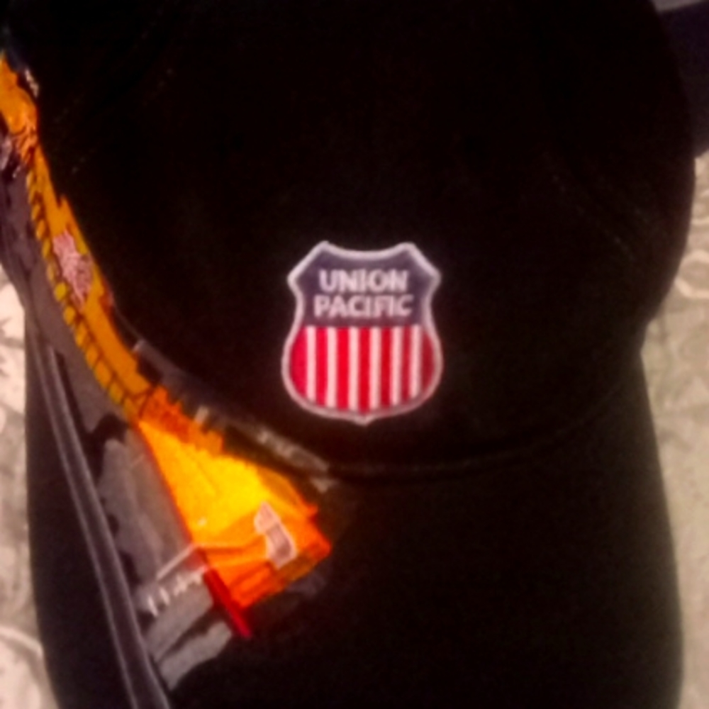 Vintage Legend Union pacific train snapback hat. train running along the left